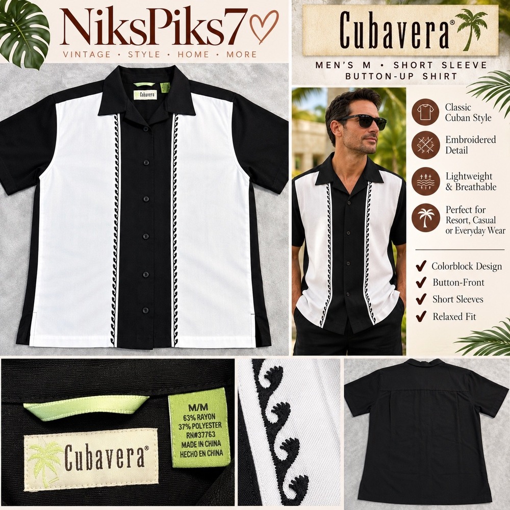 Cubavera Men's M Black White Embroidered Bowling Shirt Rayon Retro Rockabilly